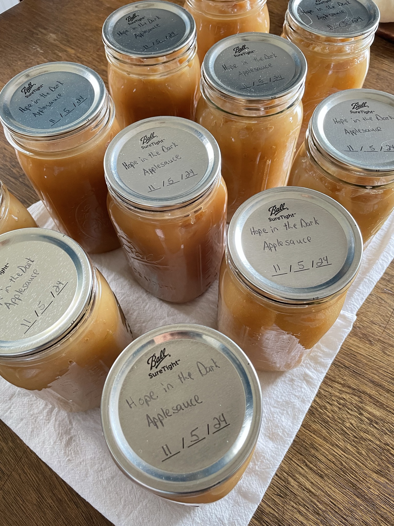 Mason jars filled with brown sauce. The text on the lid reads "Hope in the Dark Applesauce, 11/5/2024."