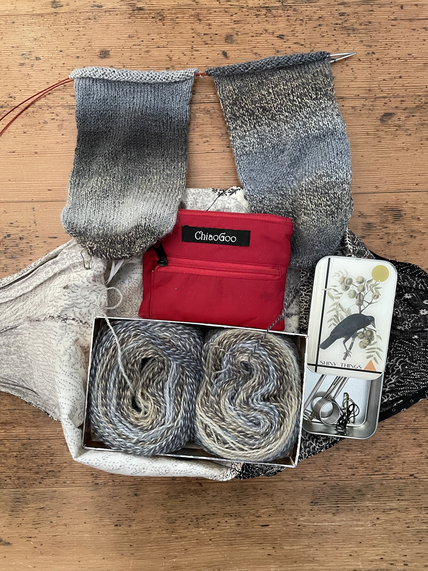 Knitting kit with socks in the process of being made, an envelope of needles and a small case with a crow on it that says "shiny things."